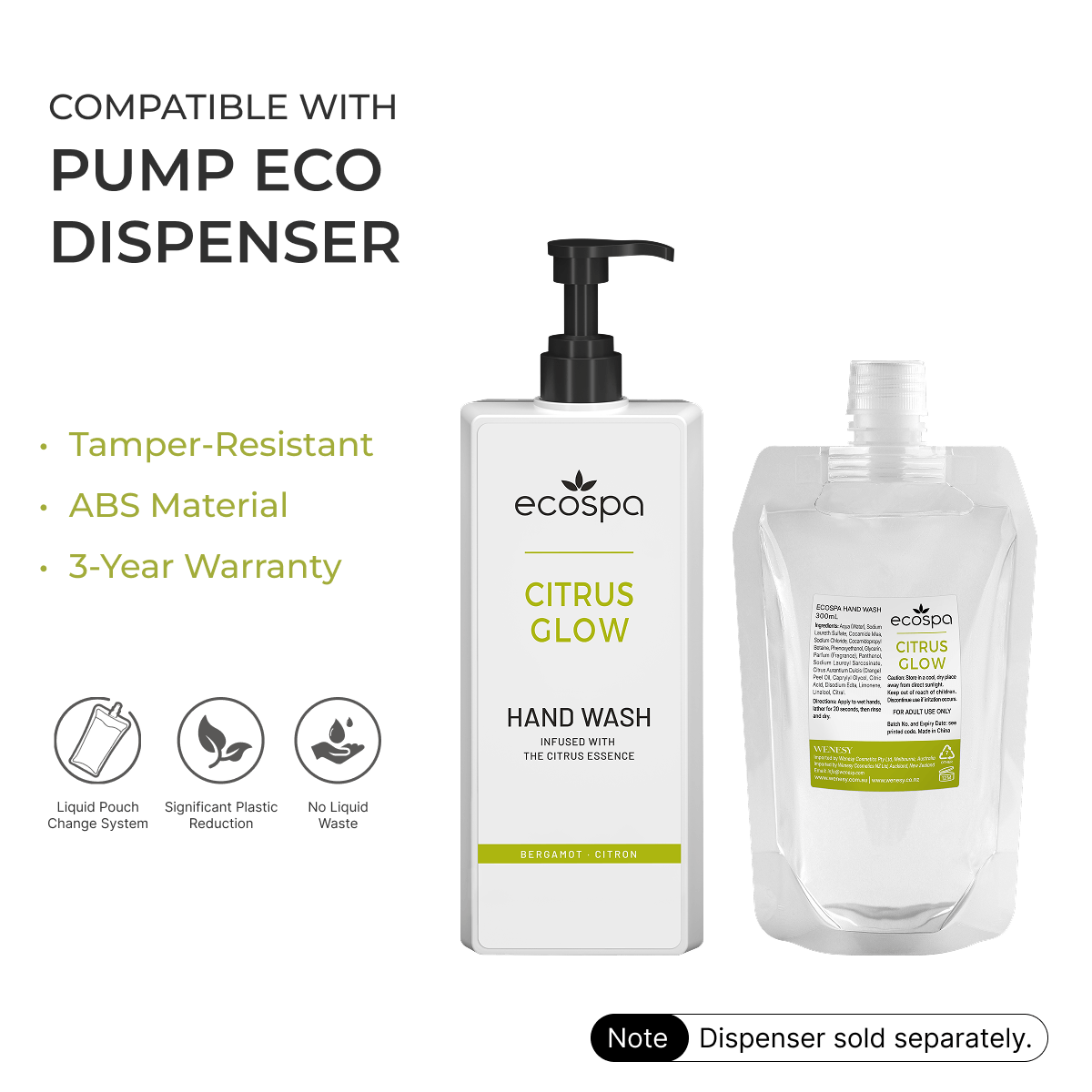 ECOSPA Citrus Glow Pump Eco Dispenser Hand Wash 300ml - Carton of 30