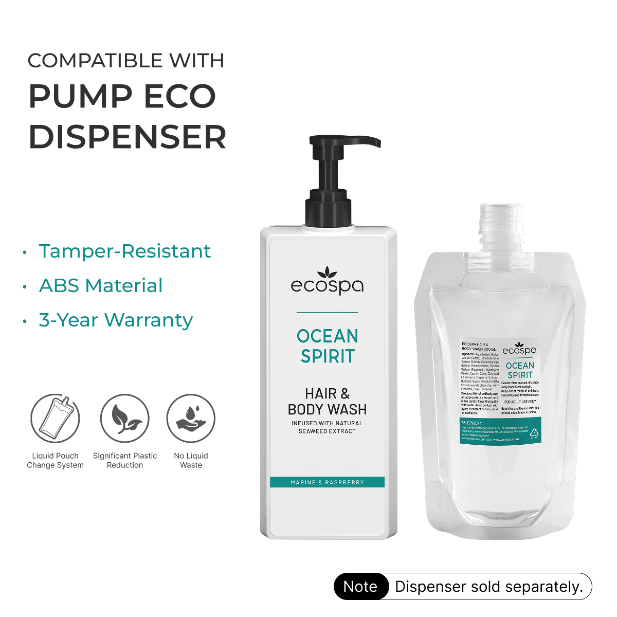 ECOSPA Ocean Spirit Pump Eco Dispenser Hair & Body Wash 300ml - Carton of 30