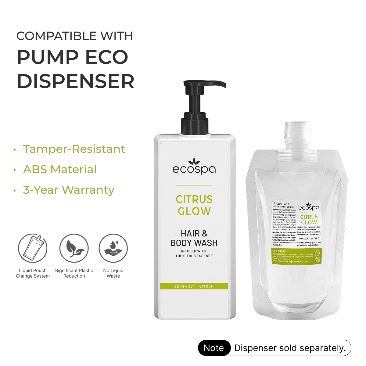 ECOSPA Citrus Glow Pump Eco Dispenser Hair & Body Wash 300ml - Carton of 30