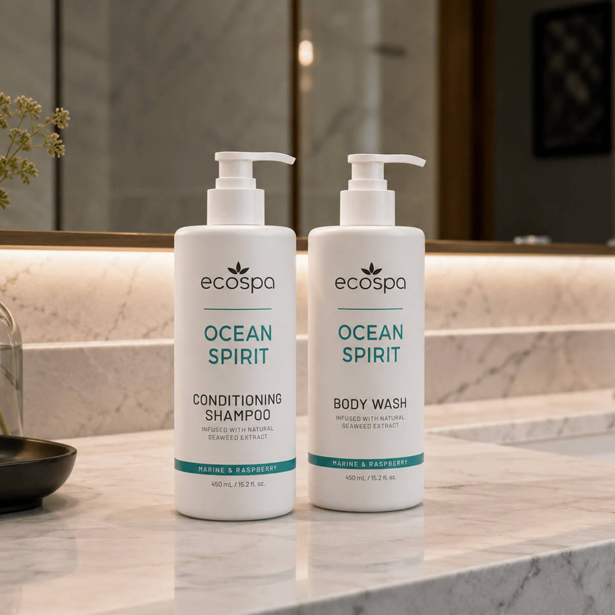 ECOSPA Ocean Spirit Hotel Shampoo Body Wash 450ml - Standalone Use on Bathroom Counter
