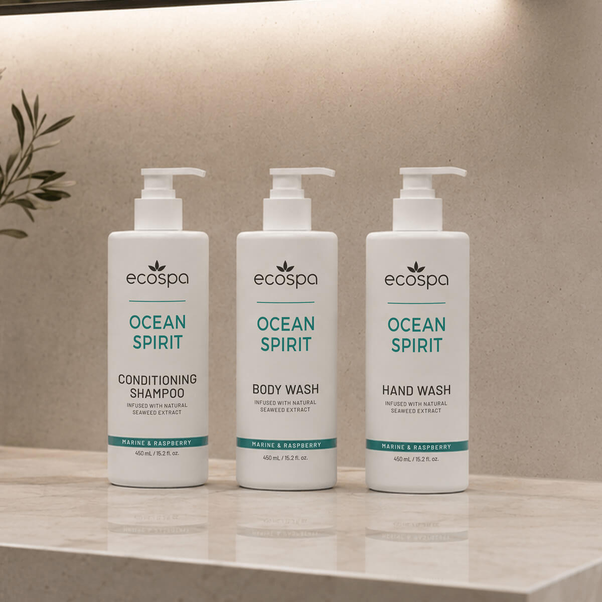ECOSPA Ocean Spirit Hotel Shampoo Body Wash Hand Wash 450ml - Standalone Use on Bathroom Counter