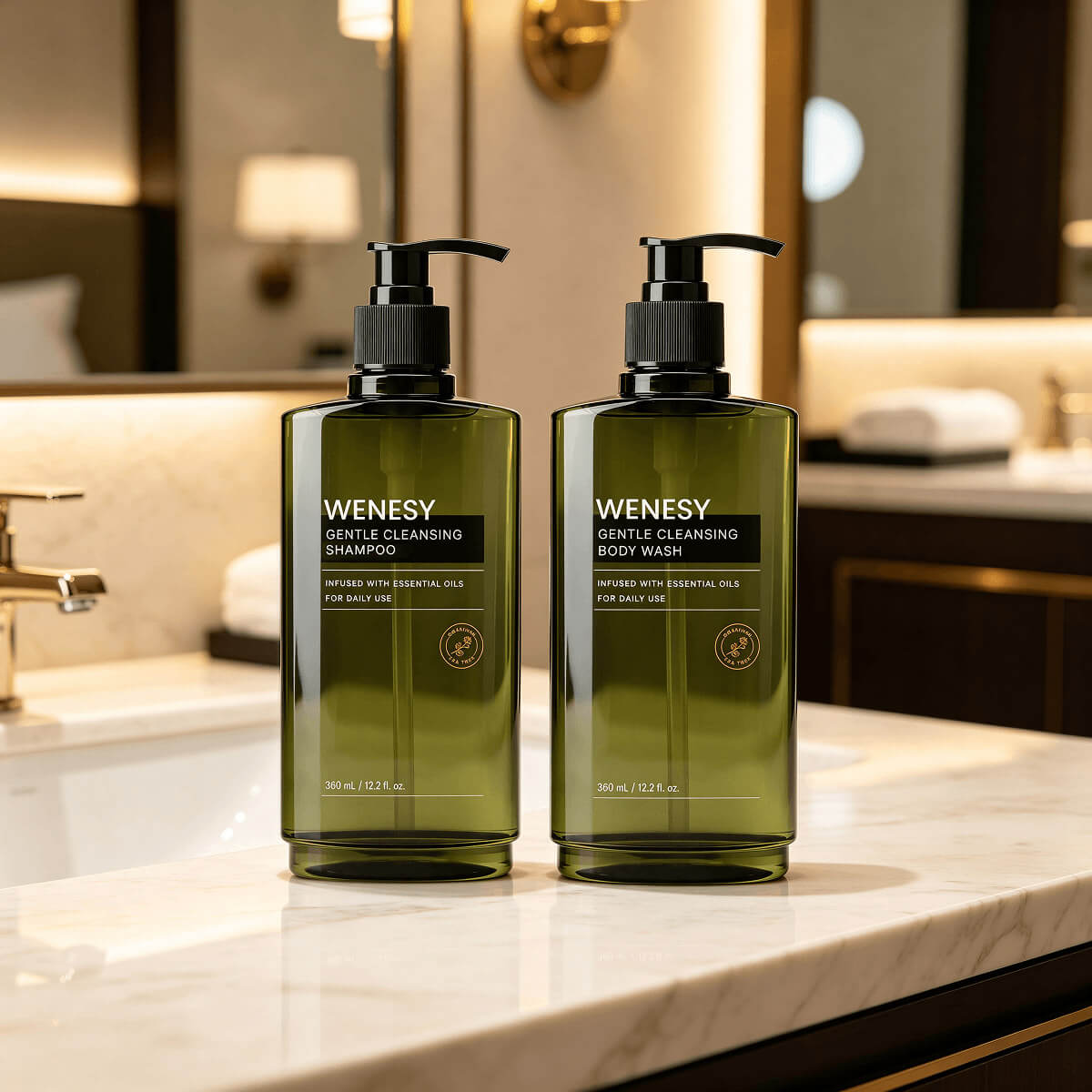 WENESY Geranium Hotel Shampoo Body Wash 360ml - Standalone Use on Bathroom Counter