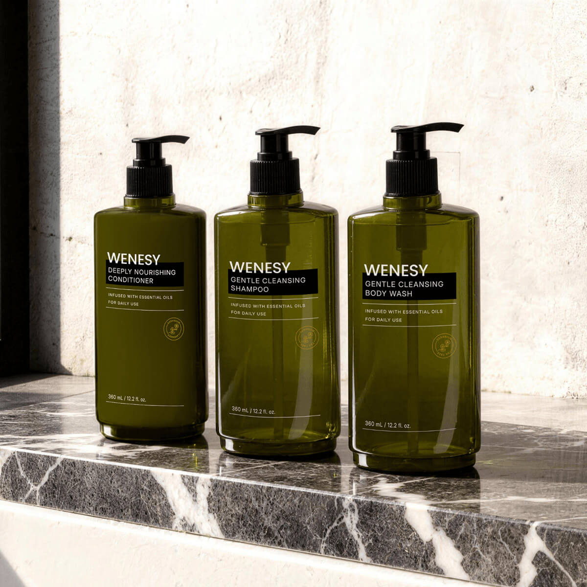 WENESY Geranium Hotel Shampoo Body Wash Conditioner 360ml - Standalone Use on Bathroom Counter